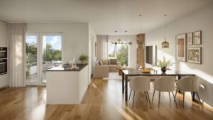 Wohnzimmer mit Küche und Esszimmer